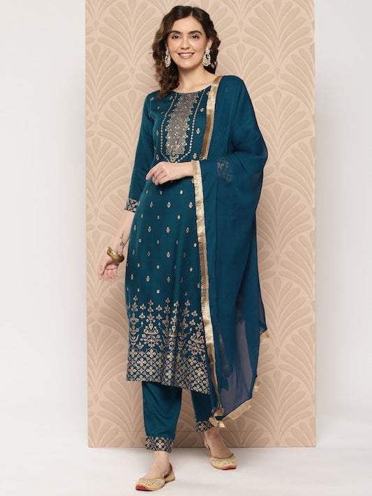 Yufta Women Ethnic Motifs Printed Regular Kurta with Trousers & Dupatta