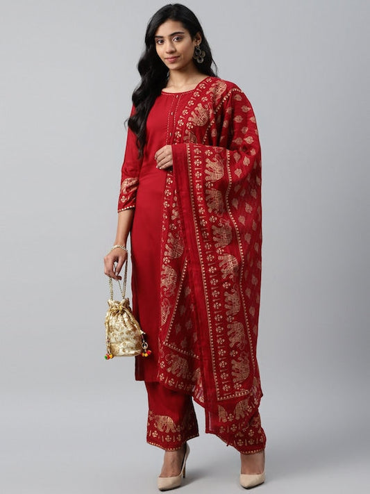 Yufta Maroon & Gold Toned Pure Cotton Kurta With Palazzos & Dupatta