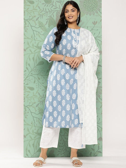 Yufta Plus Size Ethnic Motifs Printed Pure Cotton Kurta with Trousers & With Dupatta