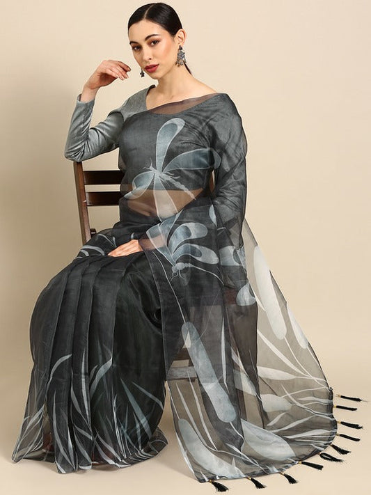 All about you Grey Floral Organza Saree