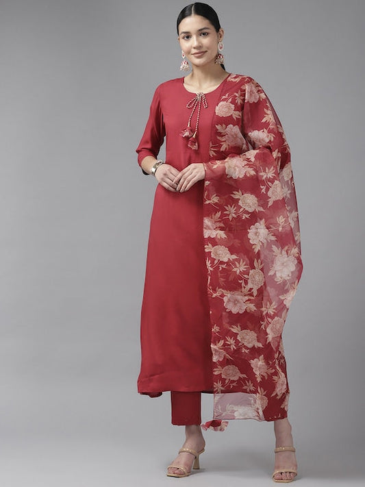 Yufta Women Tie-Up Neck Kurta with Trousers & Dupatta - S