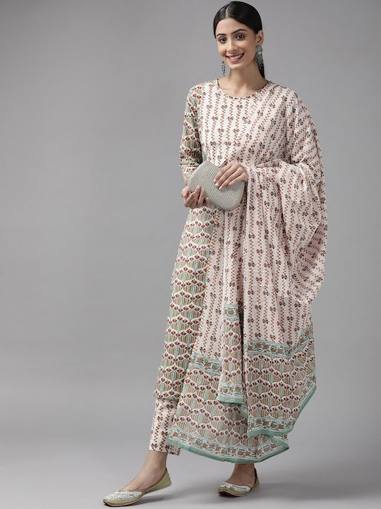 Yufta Women White Printed Pure Cotton Kurta with Trousers & With Dupatta