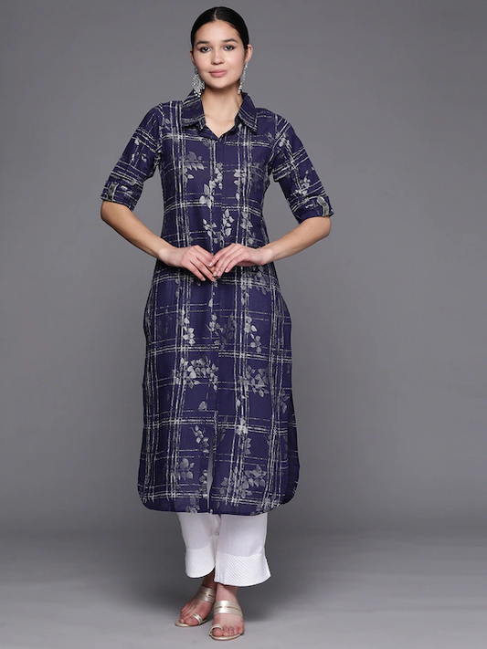 Ahalyaa Women Navy Blue & Silver Printed Pathani Kurta