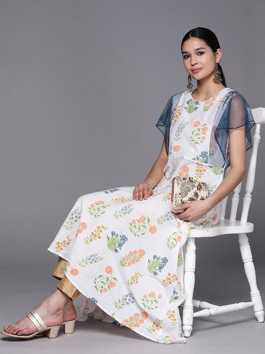Ahalyaa Women White & Blue Printed A-Line Kurta