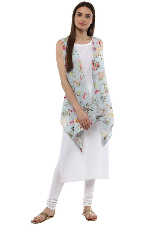 Ahalyaa White & Blue Floral Scarf Cape attached Straight Kurta