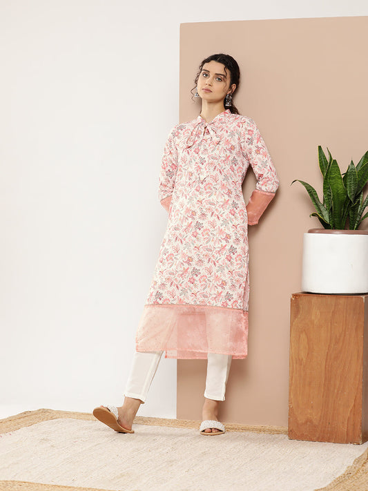 Ahalyaa Women Pink & Off White Floral Printed Gotta Patti Floral Crepe Kurta