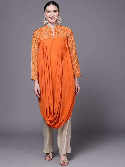 Ahalyaa Women Orange Ethnic Motifs Printed Crepe Cowl Kurta