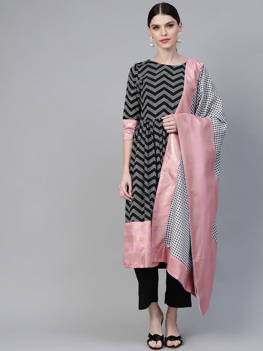 Ahalyaa Women Black & White Polka Dots Chevron Khari Printed Kurta with Trousers & Dupatta
