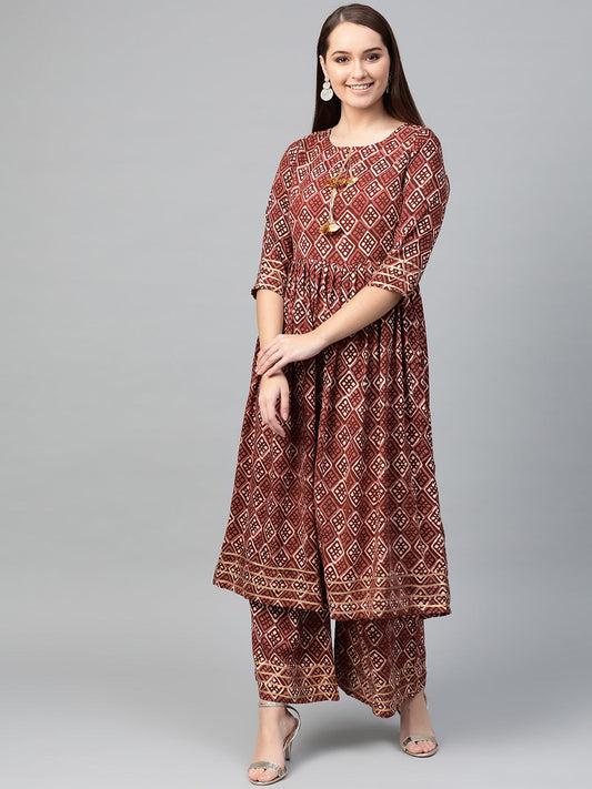 Ahalyaa Women Maroon & Off White Printed A-Line Kurta with Palazzos