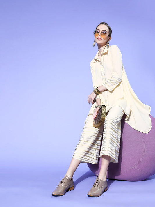 Ahalyaa Women Off White & Golden Solid Top with Palazzos