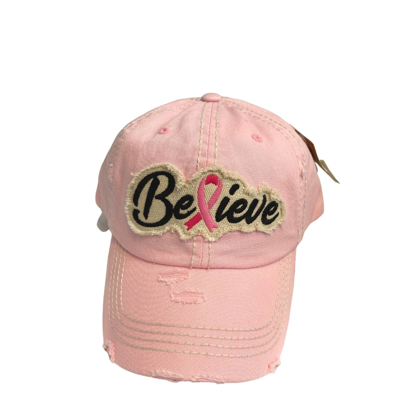 BELIEVE RIBBON WASHED VINTAGE BALLCAP-Multiple Colors Available - Hair With A Cause   Oncology Boutique