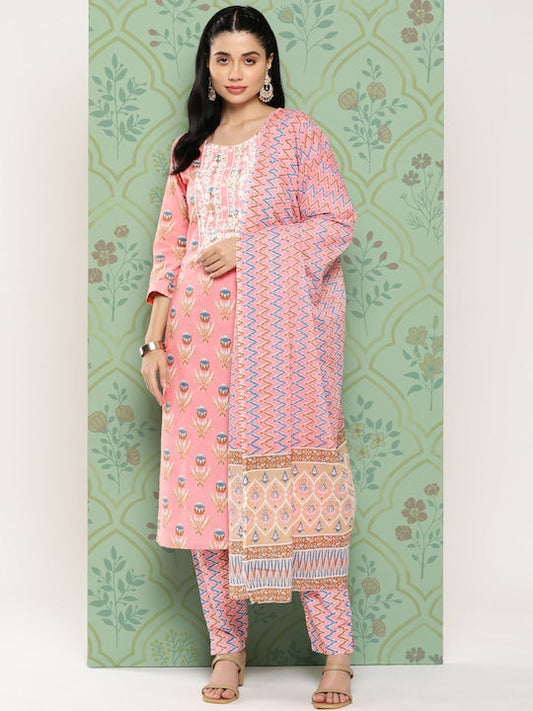 Yufta Floral Embroidered Regular Pure Cotton Kurta with Trousers & With Dupatta