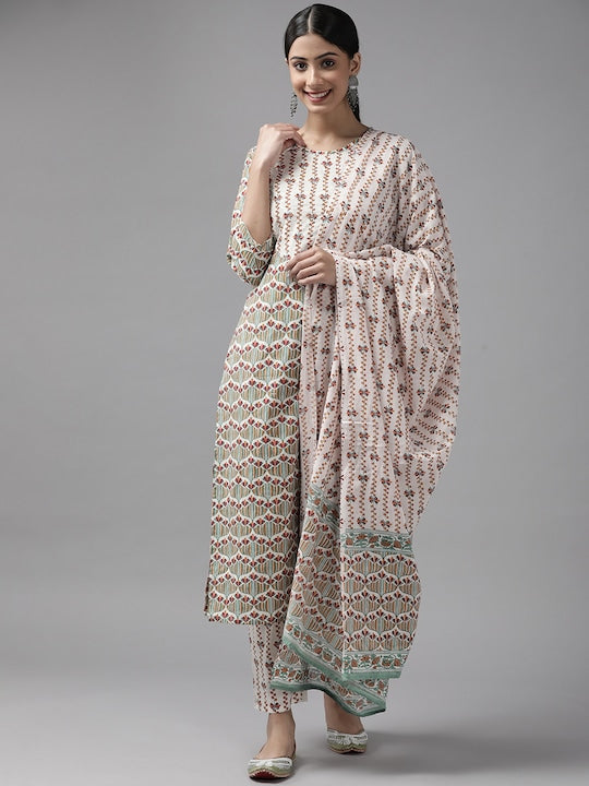 Yufta Women White Printed Pure Cotton Kurta with Trousers & With Dupatta