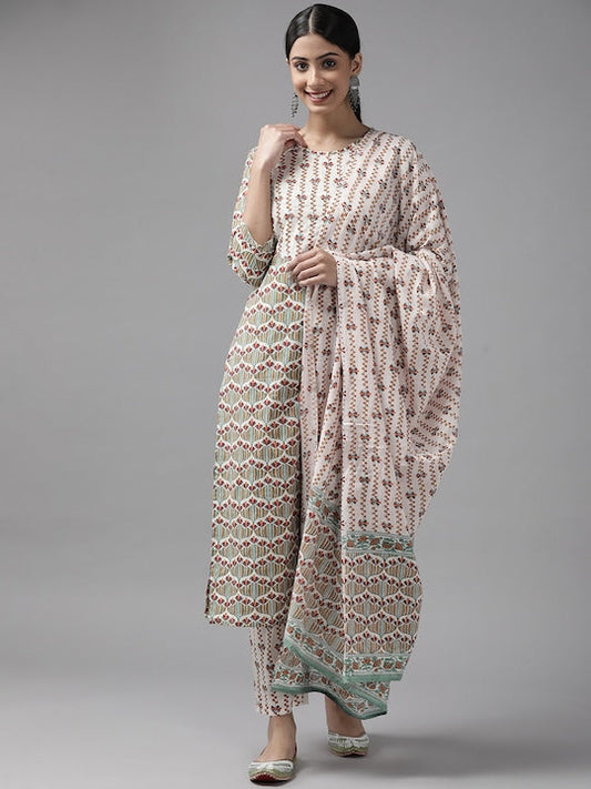 Yufta Women White Printed Pure Cotton Kurta with Trousers & With Dupatta