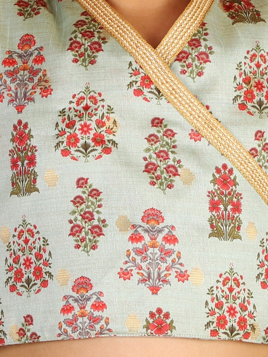 Vastramay Girls Blue & Pink Printed Angrakha Style Printed Ready to Wear Lehenga Set