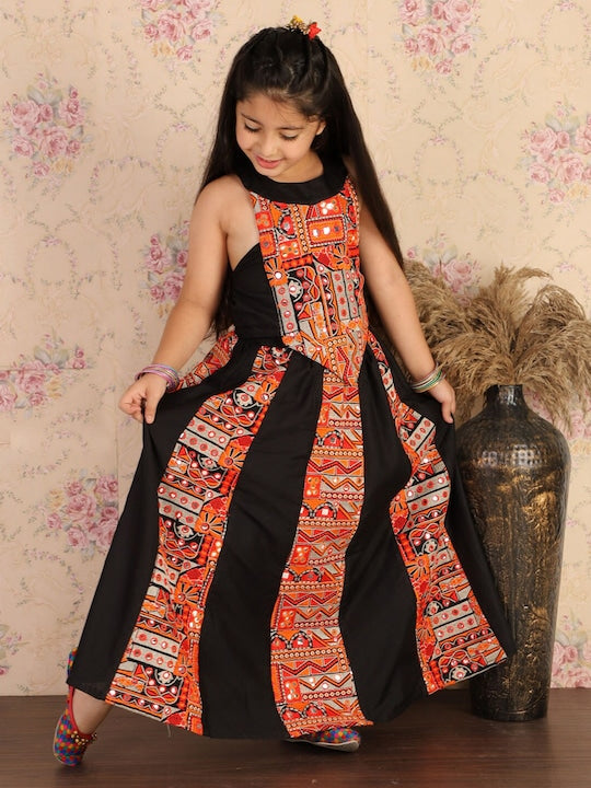 Vastramay Girls Black & Orange Embroidered Mirror Work Lehenga Set