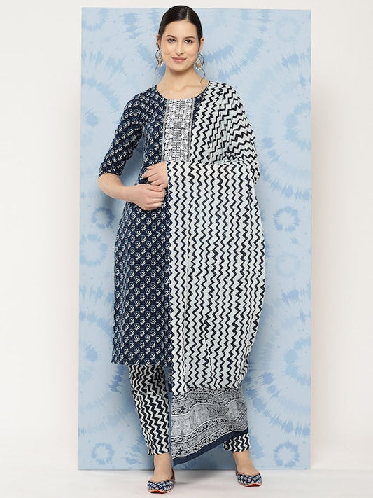 Yufta Ethnic Motifs Embroidered Detail Printed Pure Cotton Kurta Set With Dupatta