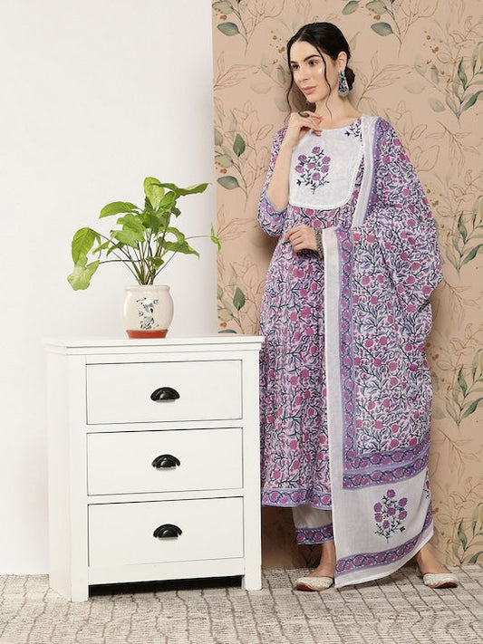 Yufta Floral Printed Kantha Work Pure Cotton Kurta with Trousers & Dupatta