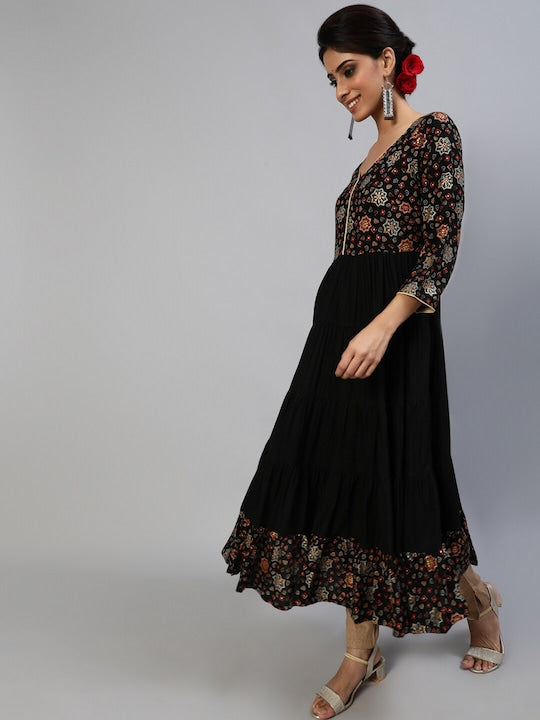 AKS Couture Floral Printed Tiered Anarkali Kurta