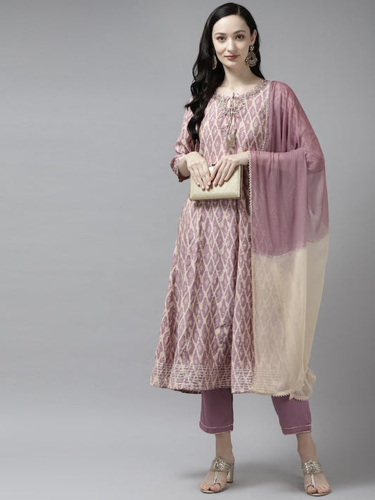 Yufta Women Purple Printed Beads & Stones Kurta With Trousers & With Dupatta - XXL