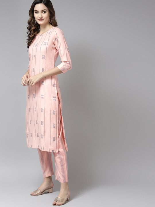 Yufta Women Pink Kantha Work Pure Cotton Kurta with Palazzos & With Dupatta