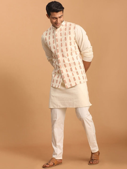 Vastramay Mandarin Collar Regular Pure Cotton Kurta With Pyjamas & Nehru Jacket