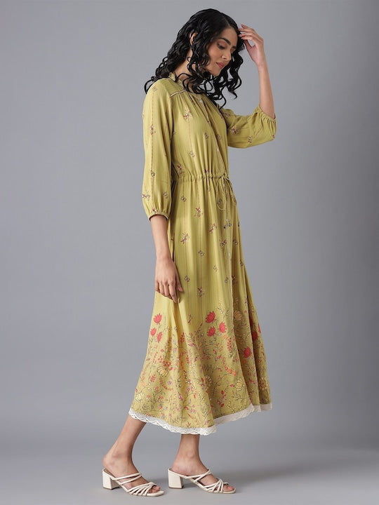 Aurelia Olive Green Ethnic Motifs A-Line Midi Dress
