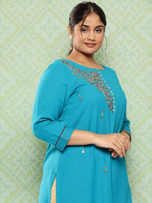 Yufta Women Plus Size Geometric Embroidered Kurta