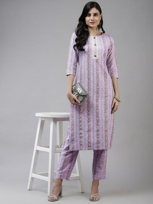 Yufta Women Lavender Ethnic Motifs Printed Embroidered Pure Cotton Kurta with Trousers - S