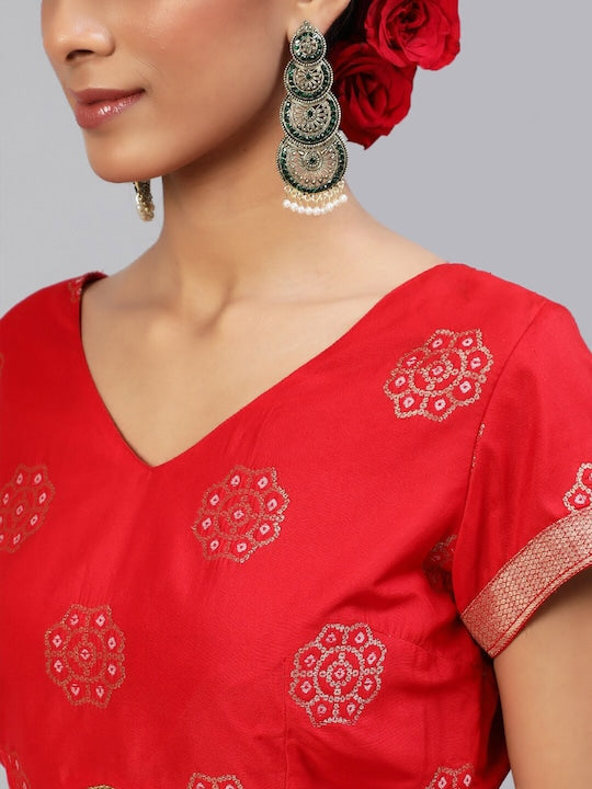 AKS Red Woven Design Ready to Wear Lehenga & Blouse With Dupatta