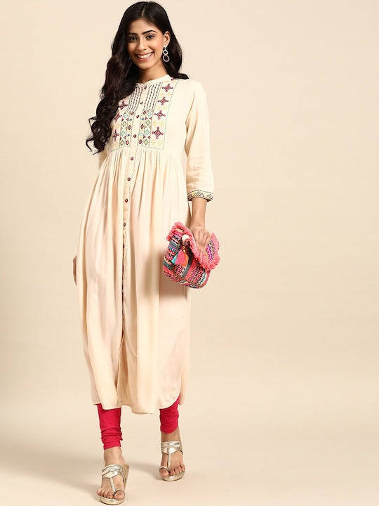All about you Cream-Coloured Ethnic Motifs Yoke Design Thread Work Detail Anarkali Kurta
