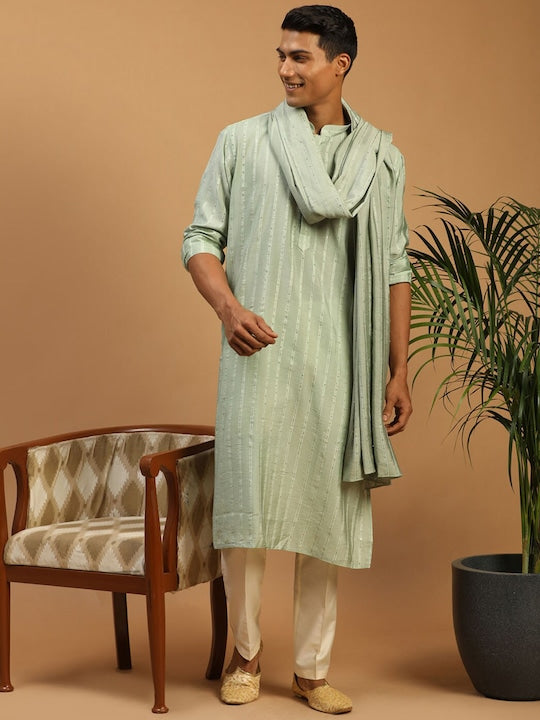 Vastramay Striped Sequinned Chanderi Cotton Kurta with Pyjamas & With Dupatta