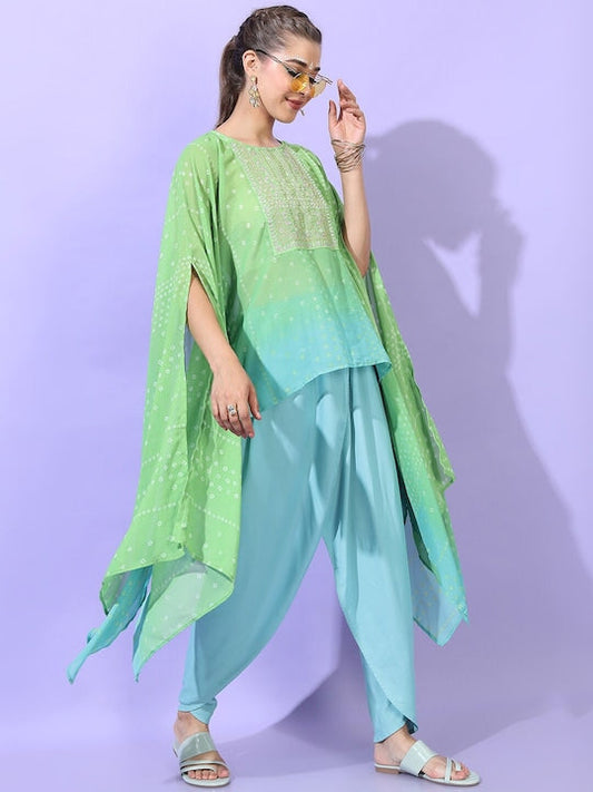 Vishudh Women Turquoise Blue Layered Kurti with Dhoti pant
