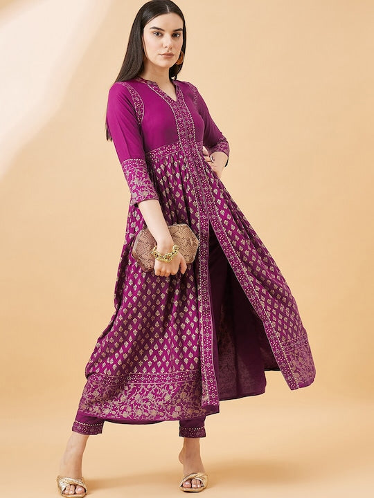 All about you Maroon Ethnic Motifs Printed Gotta Patti Regular Kurta with Trousers