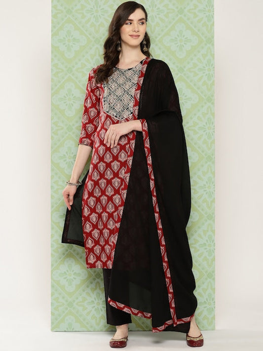 Yufta Women Ethnic Motifs Printed Regular Pure Cotton Kurta with Trousers & With Dupatta - XXL