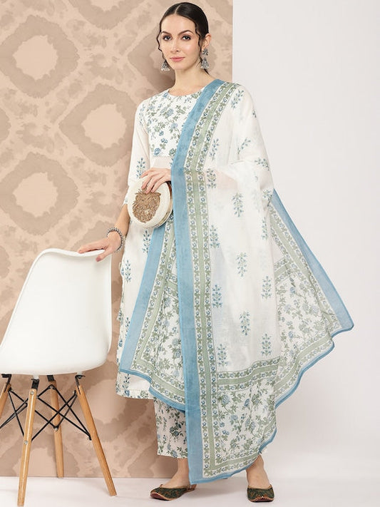 Yufta Women Floral Printed Regular Sequinned Pure Cotton Kurta with Trousers & Dupatta