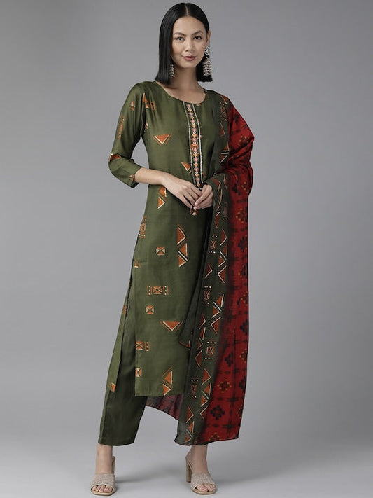 Yufta Women Green Embroidered Thread Work Kurta With Trousers & Dupatta