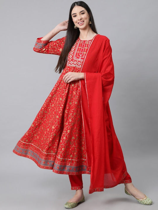 Anubhutee Women Red Ethnic Motifs Printed Empire Pure Cotton Kurta with Trousers & With Dupatta