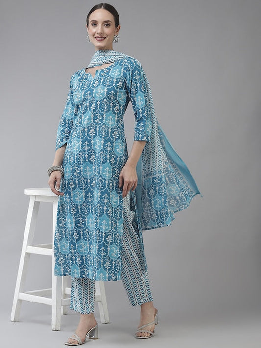 Yufta Women Blue Ethnic Motifs Printed Sequinned Pure Cotton Kurta with Trousers & Dupatta