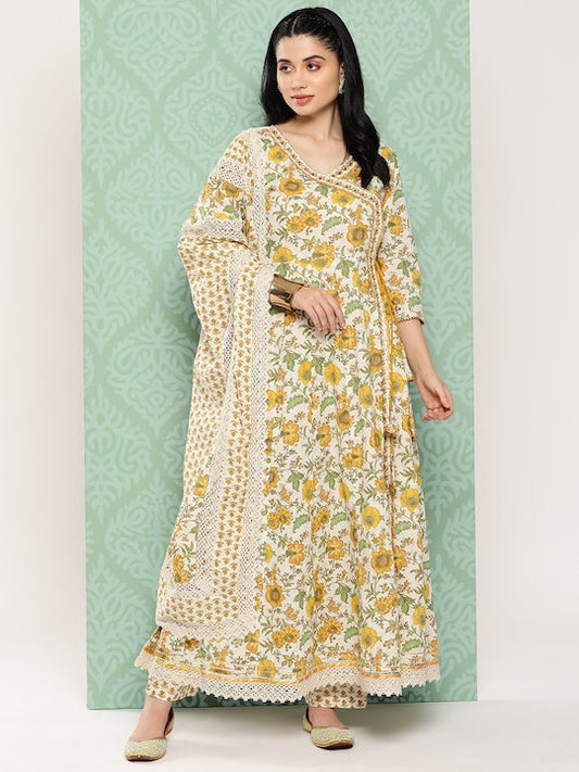 Yufta Women Floral Printed Angrakha Pure Cotton Kurta with Trousers & Dupatta