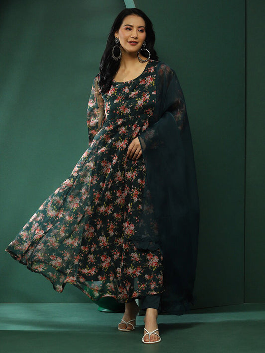 AKS Floral Printed Anarkali Kurta With Trousers & Dupatta
