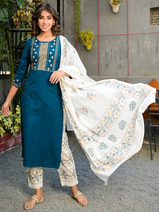 Yufta Women Teal Floral Printed Linen Kurta With Trousers & With Palazzo