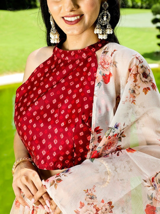 AKS Couture Bandhani Printed Ready to Wear Organza Lehenga & Blouse With Dupatta