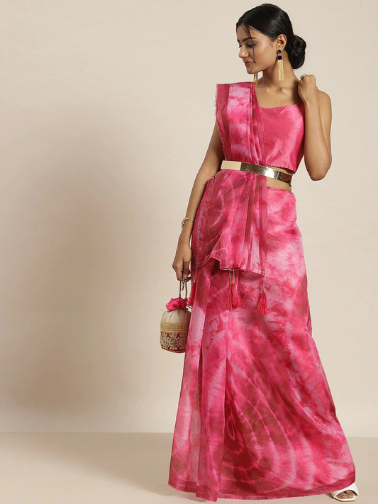 All about you Pink & White Tie and Dye Organza Saree