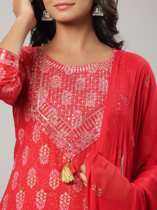 Yufta Women Red Ethnic Motifs Printed Sequinned Kurta with Trousers & Dupatta