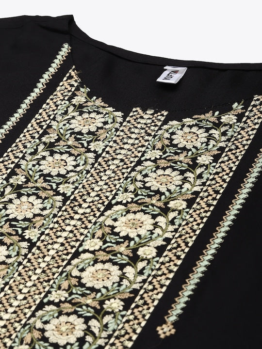 Yufta Women Black Ethnic Motifs Yoke Design Kurta