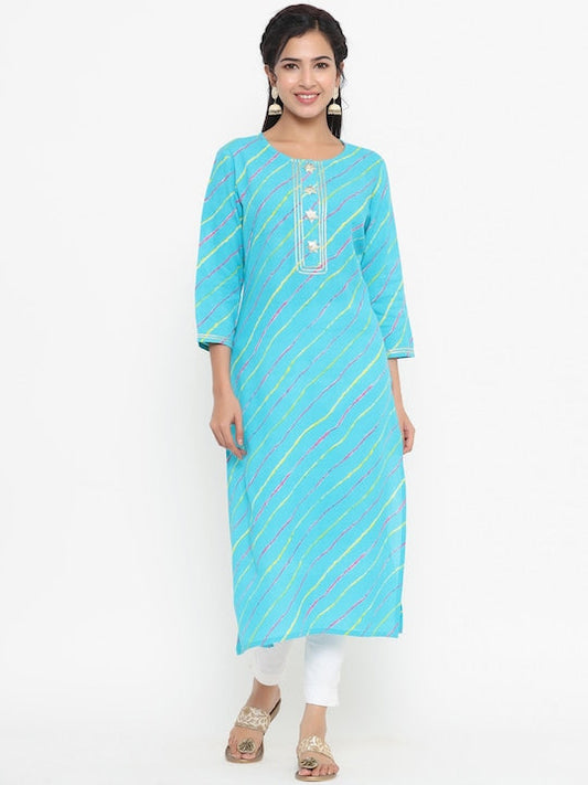 Yufta Women Blue Leheriya Striped Kurta