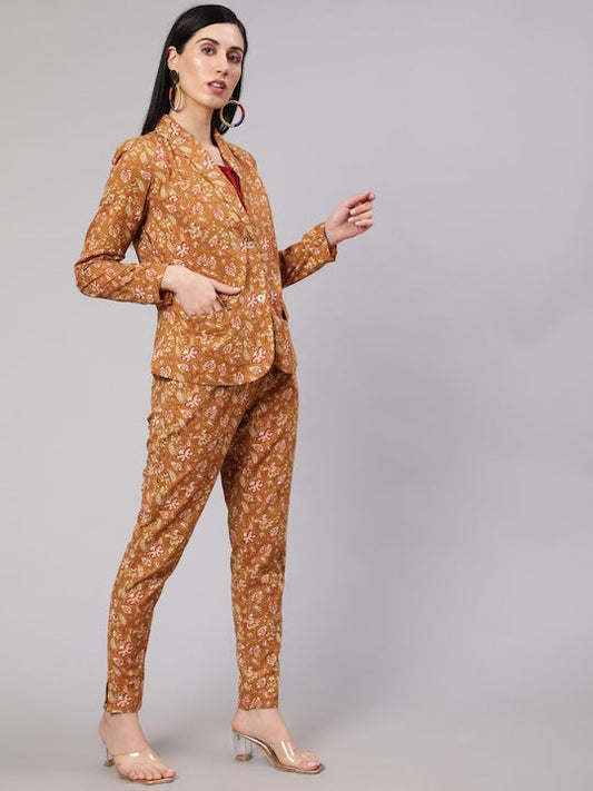 AKS Floral Printed Pure Cotton Blazer & Pant Co-Ords Set