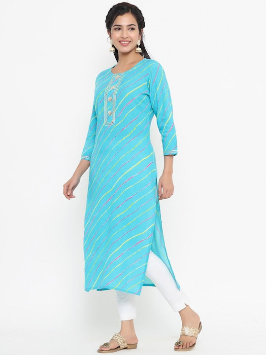 Yufta Women Blue Leheriya Striped Kurta