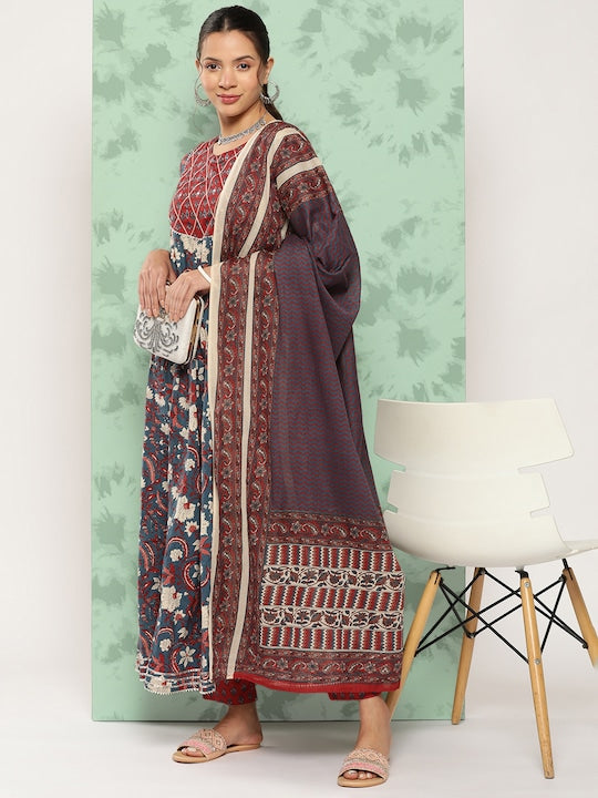 Yufta Floral Printed Gotta Patti Pure Cotton Kurta With Palazzos & With Dupatta